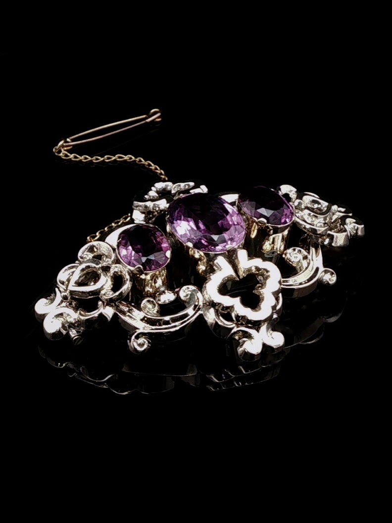 Antique Victorian 9ct Gold and Amethyst Floral Scroll Brooch, Circa 1860