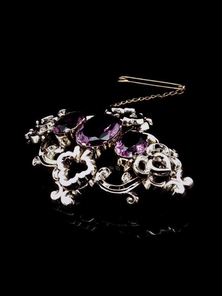 Antique Victorian 9ct Gold and Amethyst Floral Scroll Brooch, Circa 1860