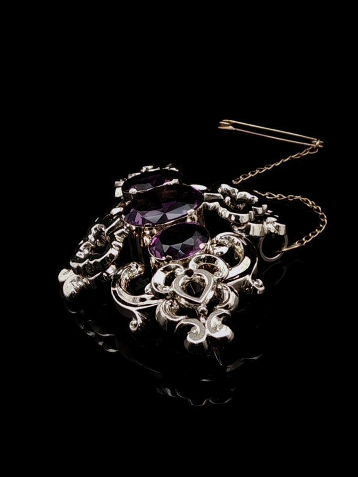 Antique Victorian 9ct Gold and Amethyst Floral Scroll Brooch, Circa 1860