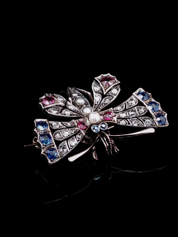 Antique Victorian 9ct Gold and Silver Ruby, Diamond, Pearl and Sapphire Butterfly Brooch, Circa 1880