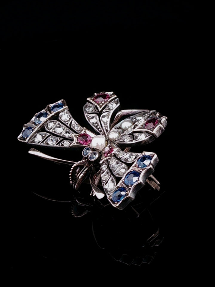 Antique Victorian 9ct Gold and Silver Ruby, Diamond, Pearl and Sapphire Butterfly Brooch, Circa 1880