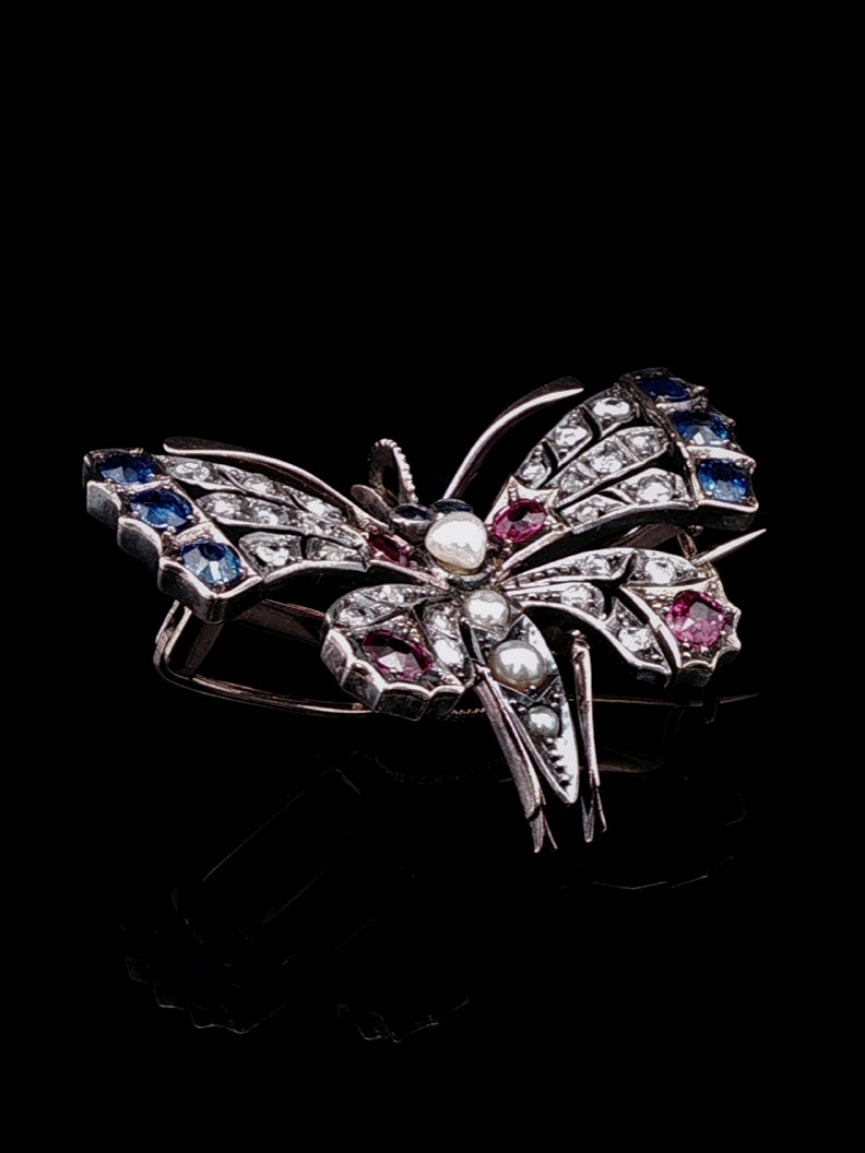 Antique Victorian 9ct Gold and Silver Ruby, Diamond, Pearl and Sapphire Butterfly Brooch, Circa 1880