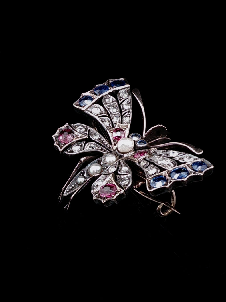 Antique Victorian 9ct Gold and Silver Ruby, Diamond, Pearl and Sapphire Butterfly Brooch, Circa 1880