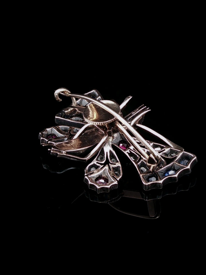 Antique Victorian 9ct Gold and Silver Ruby, Diamond, Pearl and Sapphire Butterfly Brooch, Circa 1880