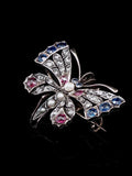 Antique Victorian 9ct Gold and Silver Ruby, Diamond, Pearl and Sapphire Butterfly Brooch, Circa 1880