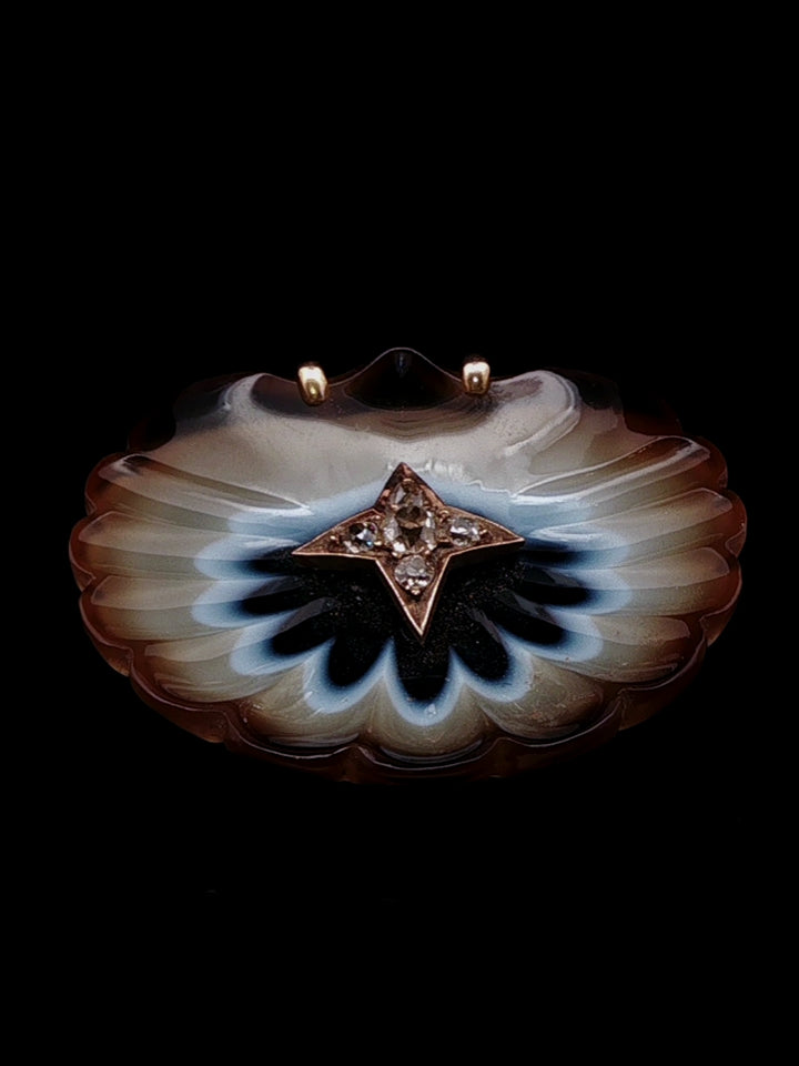 Antique Victorian Sardonyx and Five Old Cut Diamond Star Brooch, Circa 1860