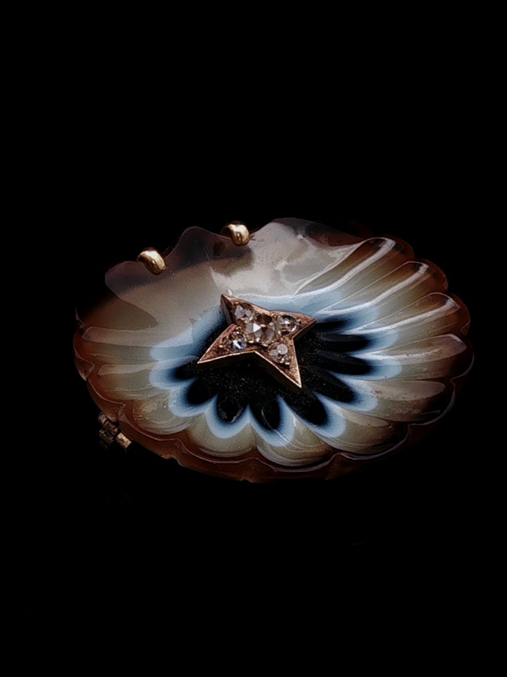Antique Victorian Sardonyx and Five Old Cut Diamond Star Brooch, Circa 1860