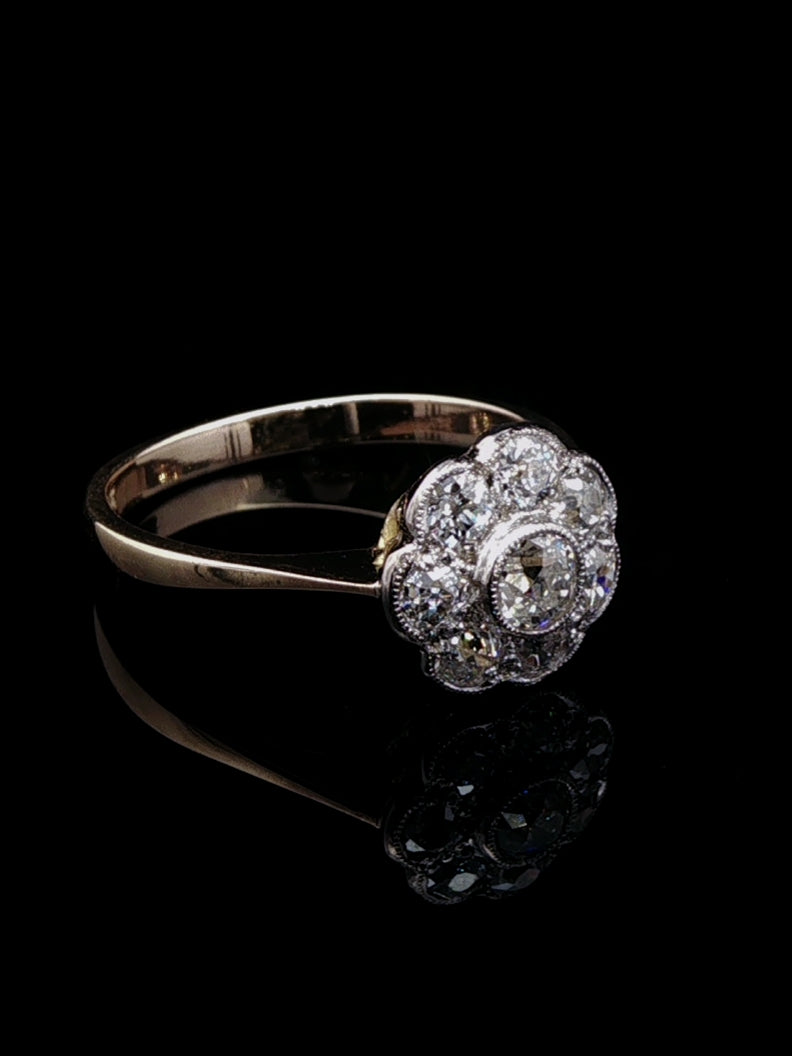 18ct Gold Old Cut 0.90ct Diamond Cluster Ring, Circa 1980