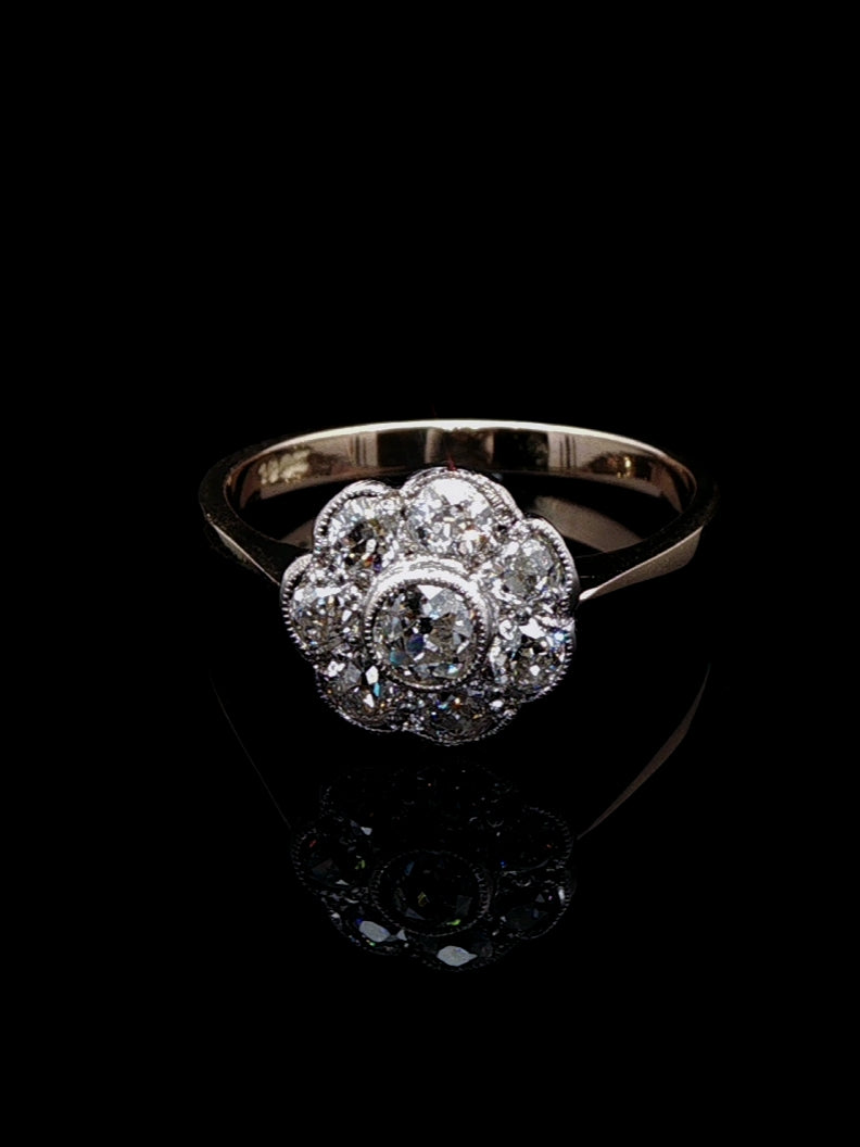 18ct Gold Old Cut 0.90ct Diamond Cluster Ring, Circa 1980