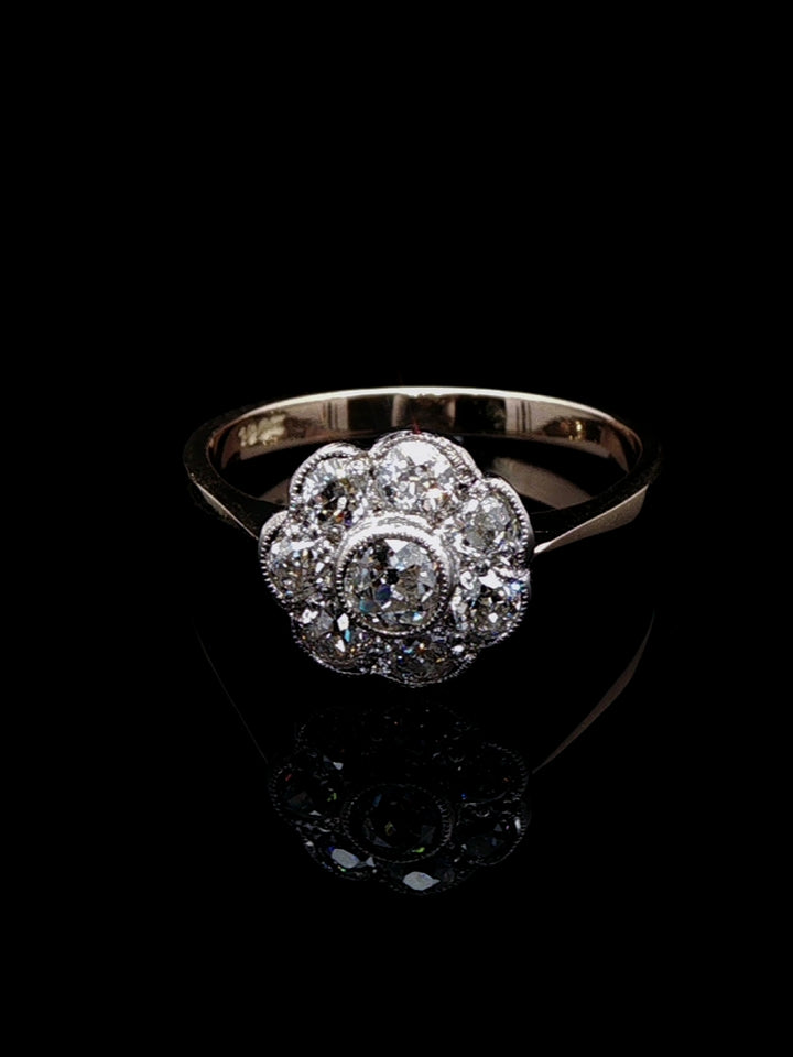 18ct Gold Old Cut 0.90ct Diamond Cluster Ring, Circa 1980