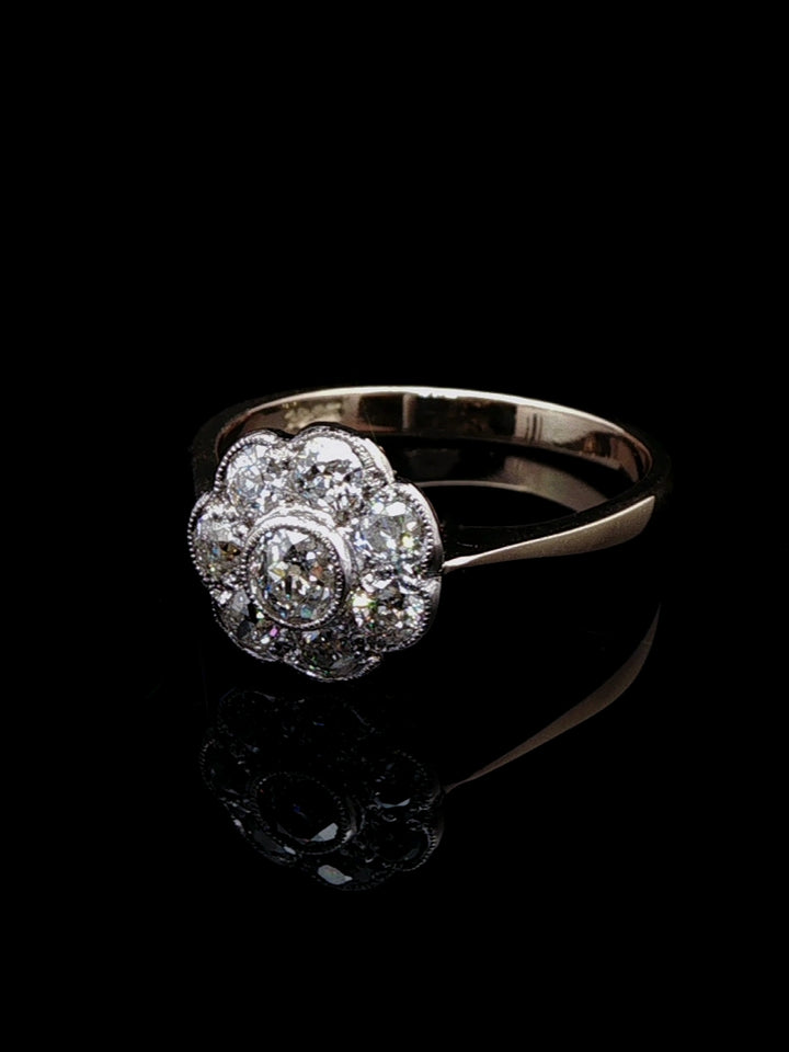 18ct Gold Old Cut 0.90ct Diamond Cluster Ring, Circa 1980