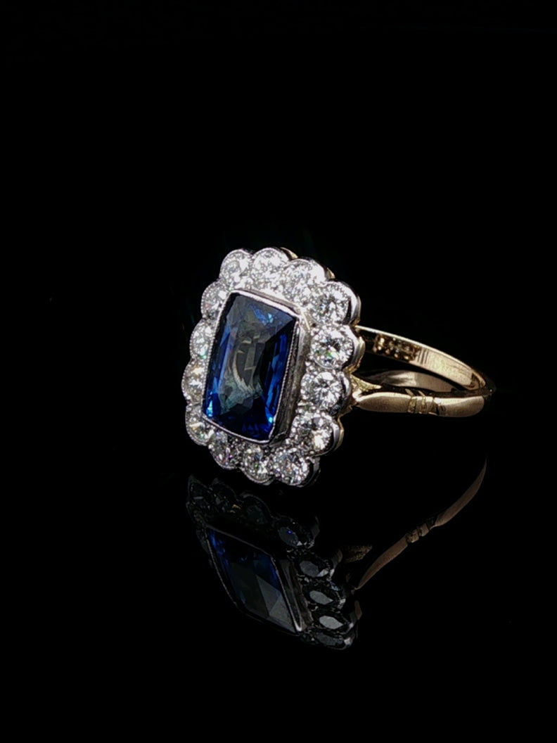18ct Gold and Platinum Rectangular 2.45ct Sapphire and 1.40ct Diamond Cluster Ring