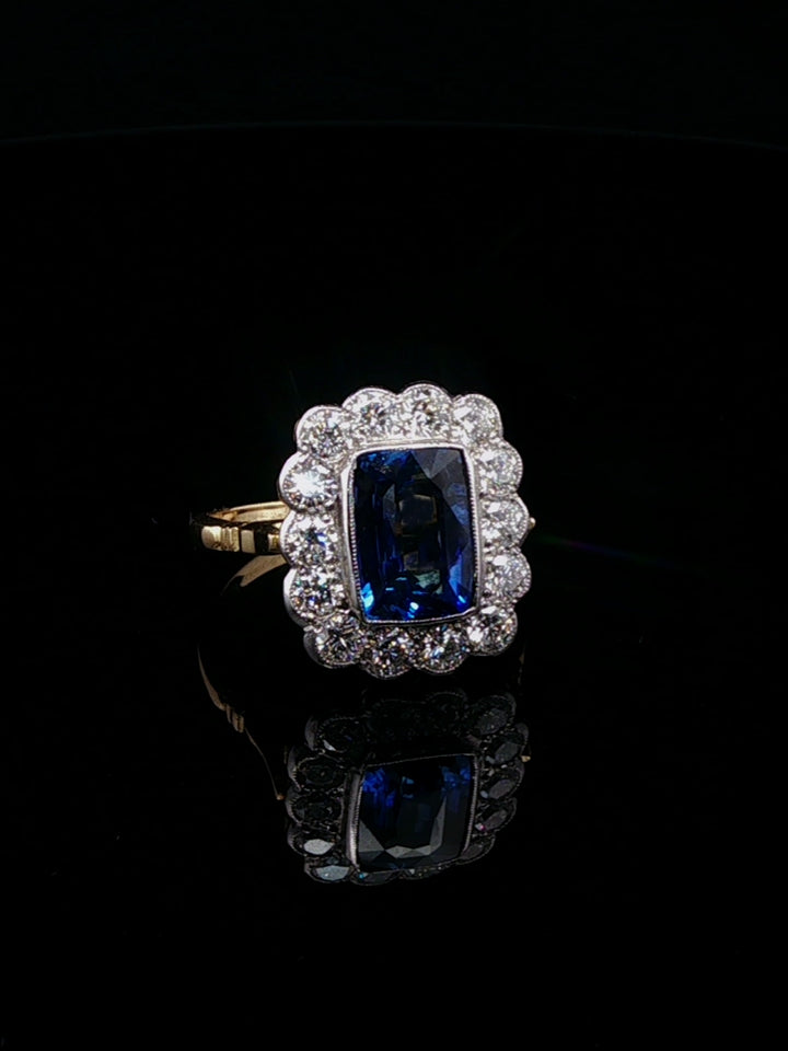 18ct Gold and Platinum Rectangular 2.45ct Sapphire and 1.40ct Diamond Cluster Ring