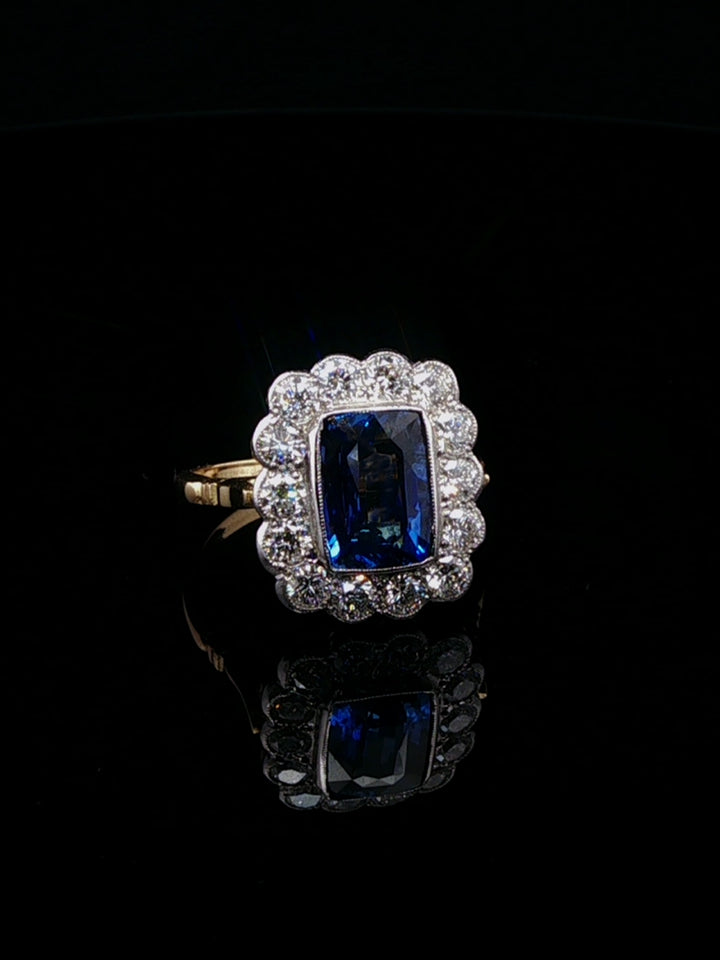 18ct Gold and Platinum Rectangular 2.45ct Sapphire and 1.40ct Diamond Cluster Ring