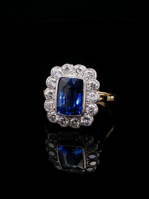 18ct Gold and Platinum Rectangular 2.45ct Sapphire and 1.40ct Diamond Cluster Ring