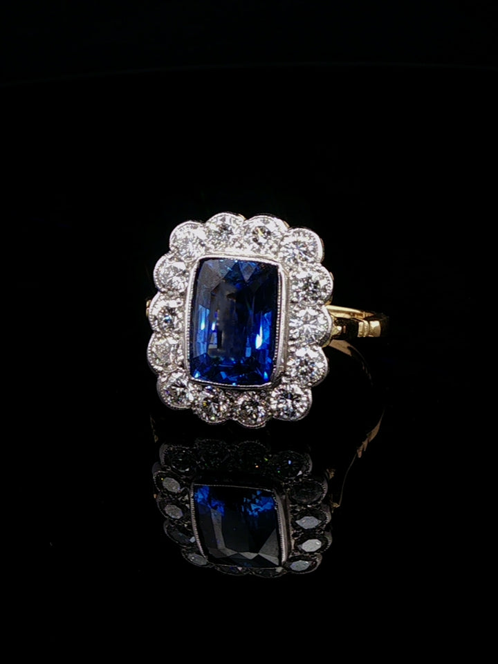 18ct Gold and Platinum Rectangular 2.45ct Sapphire and 1.40ct Diamond Cluster Ring