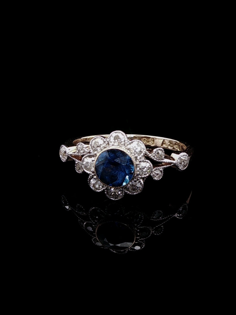 Antique Edwardian 18ct Gold 0.50ct Sapphire and 0.50ct Diamond Cluster Ring, Circa 1900