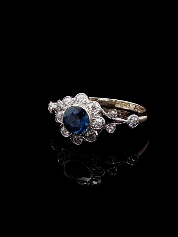 Antique Edwardian 18ct Gold 0.50ct Sapphire and 0.50ct Diamond Cluster Ring, Circa 1900