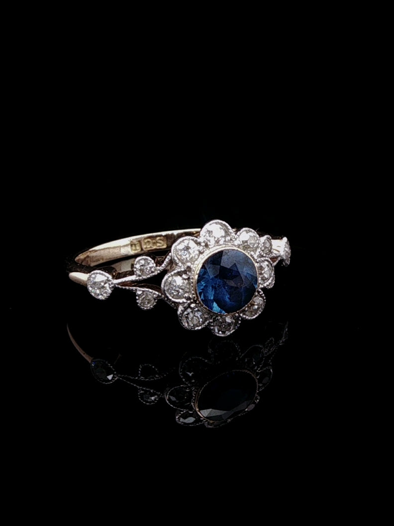 Antique Edwardian 18ct Gold 0.50ct Sapphire and 0.50ct Diamond Cluster Ring, Circa 1900
