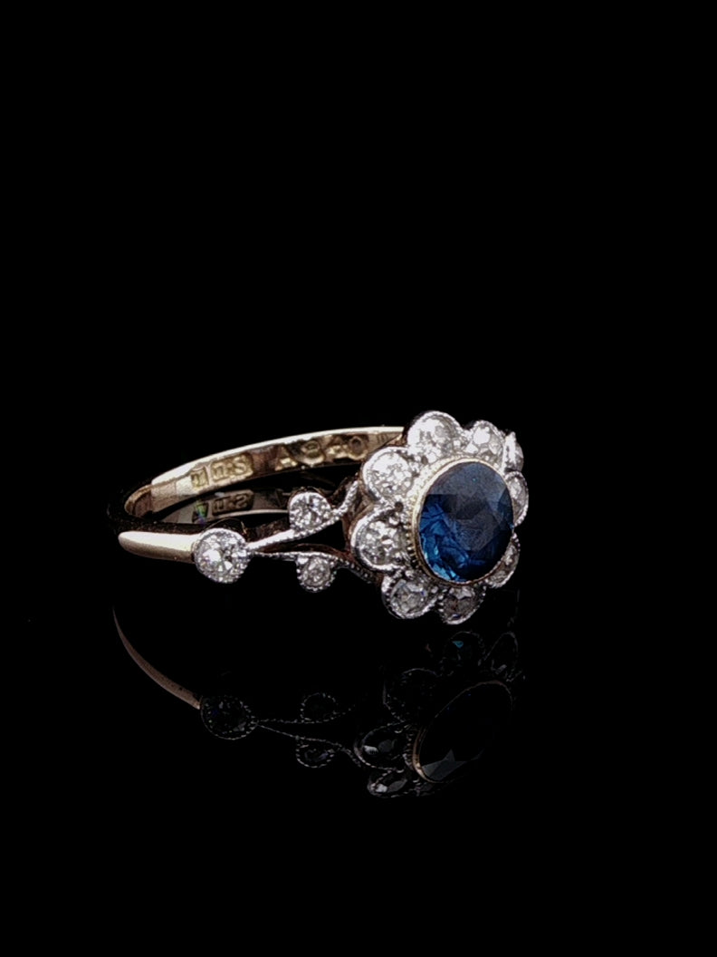 Antique Edwardian 18ct Gold 0.50ct Sapphire and 0.50ct Diamond Cluster Ring, Circa 1900