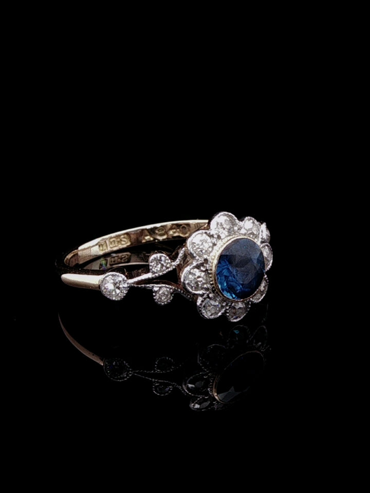 Antique Edwardian 18ct Gold 0.50ct Sapphire and 0.50ct Diamond Cluster Ring, Circa 1900