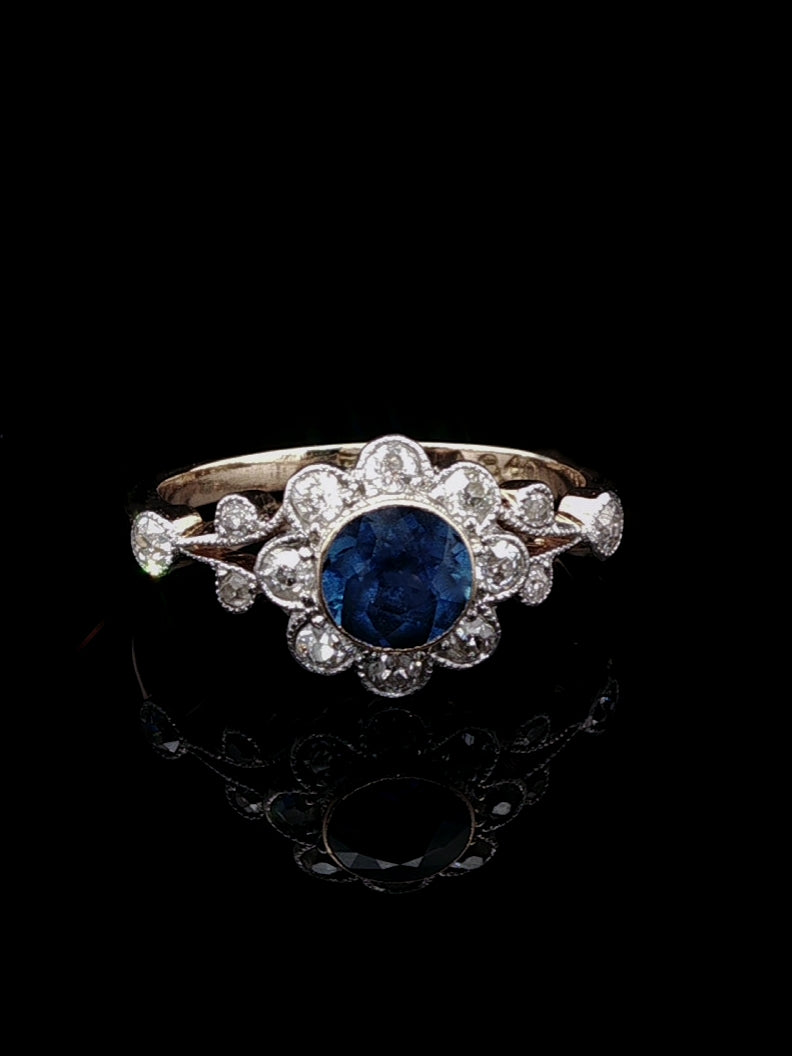 Antique Edwardian 18ct Gold 0.50ct Sapphire and 0.50ct Diamond Cluster Ring, Circa 1900