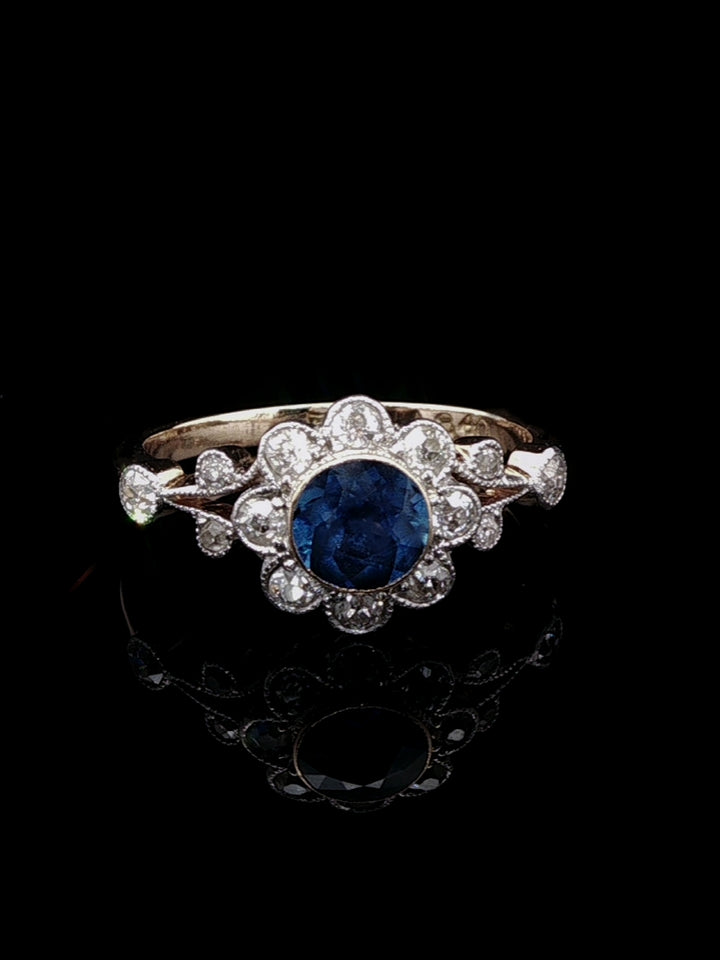 Antique Edwardian 18ct Gold 0.50ct Sapphire and 0.50ct Diamond Cluster Ring, Circa 1900