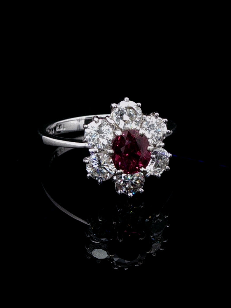 18ct White Gold 0.50ct Ruby and 1.20ct Diamond Cluster Ring, London 1975