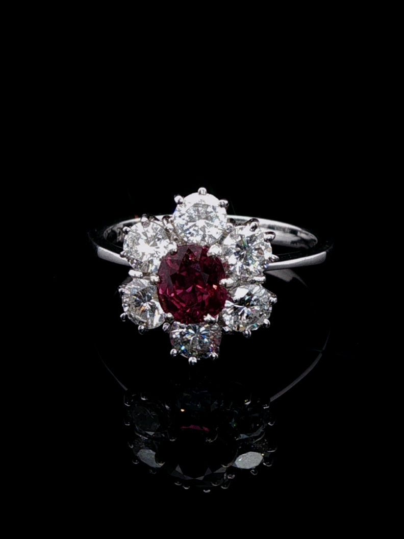18ct White Gold 0.50ct Ruby and 1.20ct Diamond Cluster Ring, London 1975