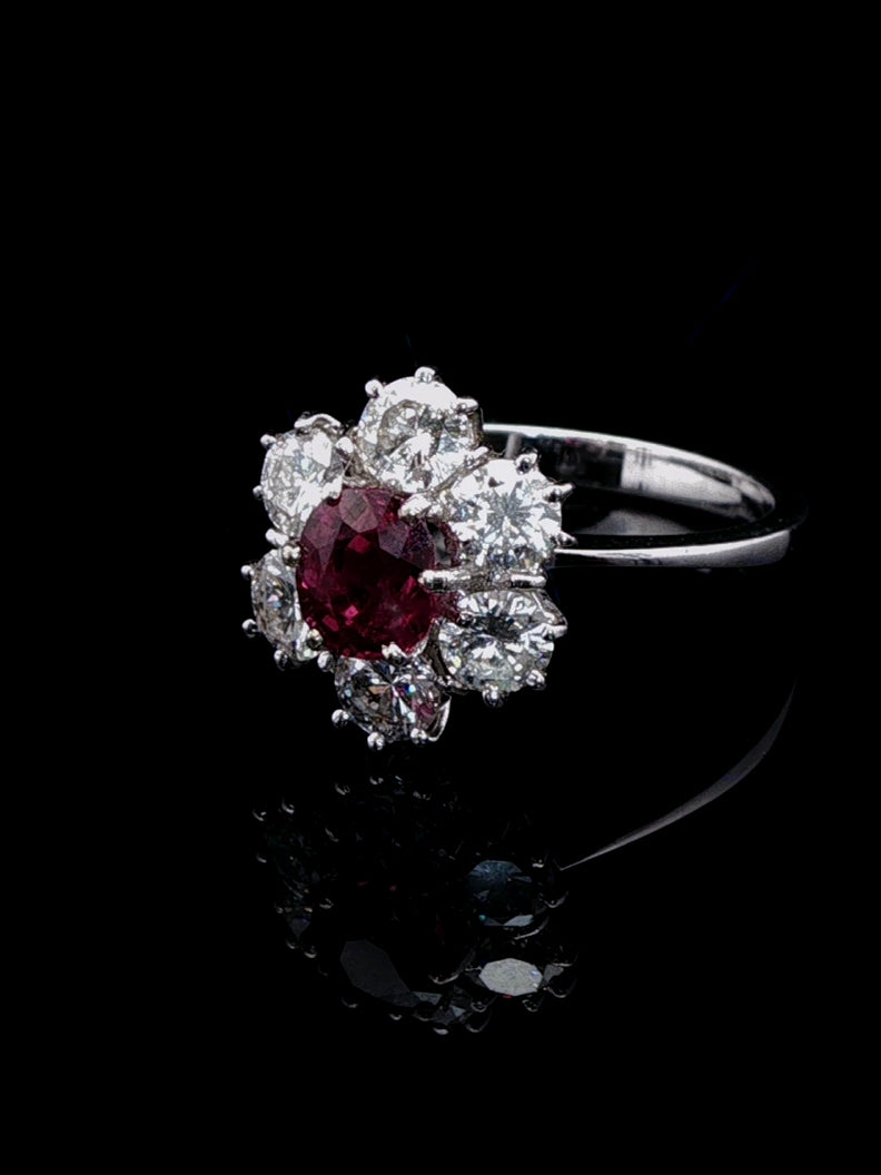 18ct White Gold 0.50ct Ruby and 1.20ct Diamond Cluster Ring, London 1975