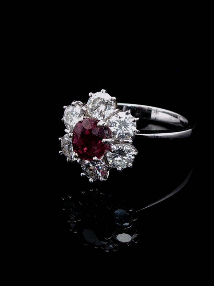 18ct White Gold 0.50ct Ruby and 1.20ct Diamond Cluster Ring, London 1975