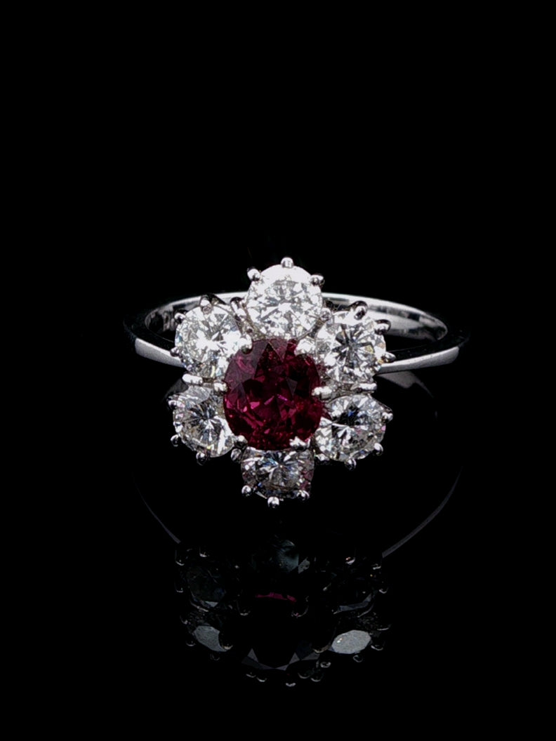 18ct White Gold 0.50ct Ruby and 1.20ct Diamond Cluster Ring, London 1975