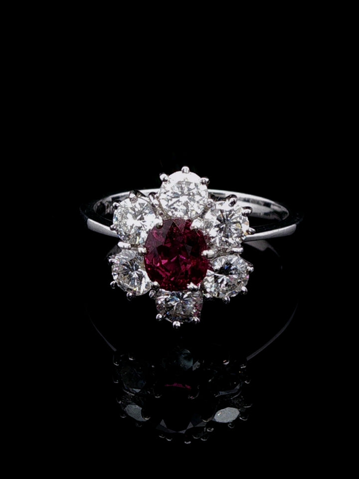 18ct White Gold 0.50ct Ruby and 1.20ct Diamond Cluster Ring, London 1975