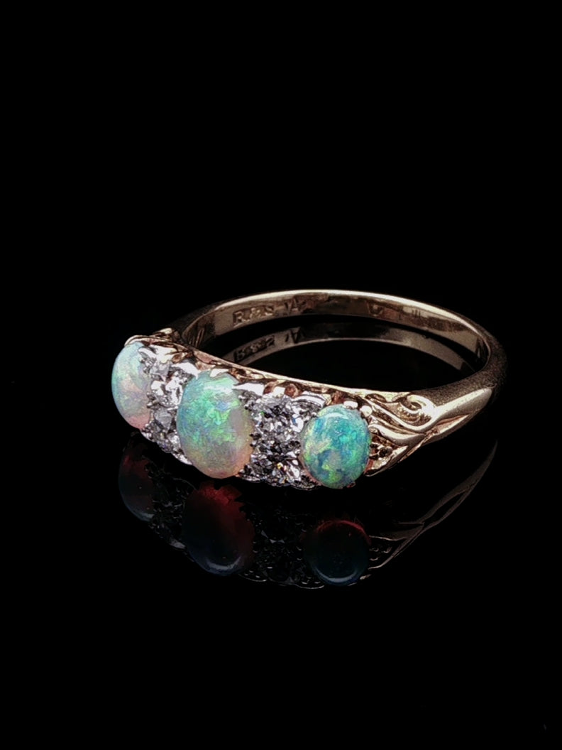 Antique Victorian 18ct Gold Opal and 0.40ct Diamond Carved Gallery Ring, Circa 1870