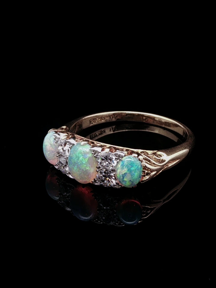 Antique Victorian 18ct Gold Opal and 0.40ct Diamond Carved Gallery Ring, Circa 1870