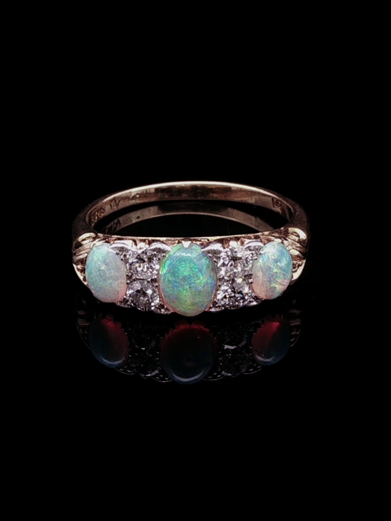 Antique Victorian 18ct Gold Opal and 0.40ct Diamond Carved Gallery Ring, Circa 1870