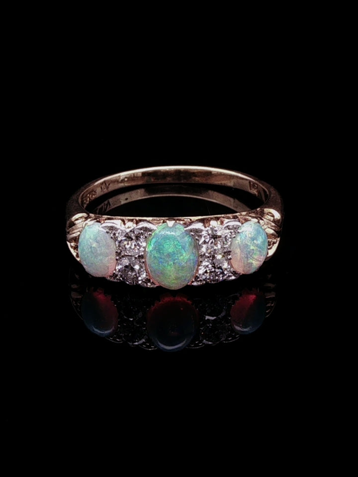 Antique Victorian 18ct Gold Opal and 0.40ct Diamond Carved Gallery Ring, Circa 1870