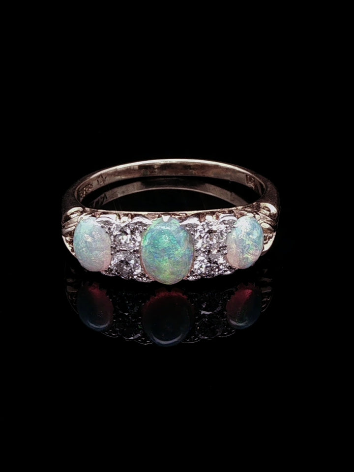 Antique Victorian 18ct Gold Opal and 0.40ct Diamond Carved Gallery Ring, Circa 1870