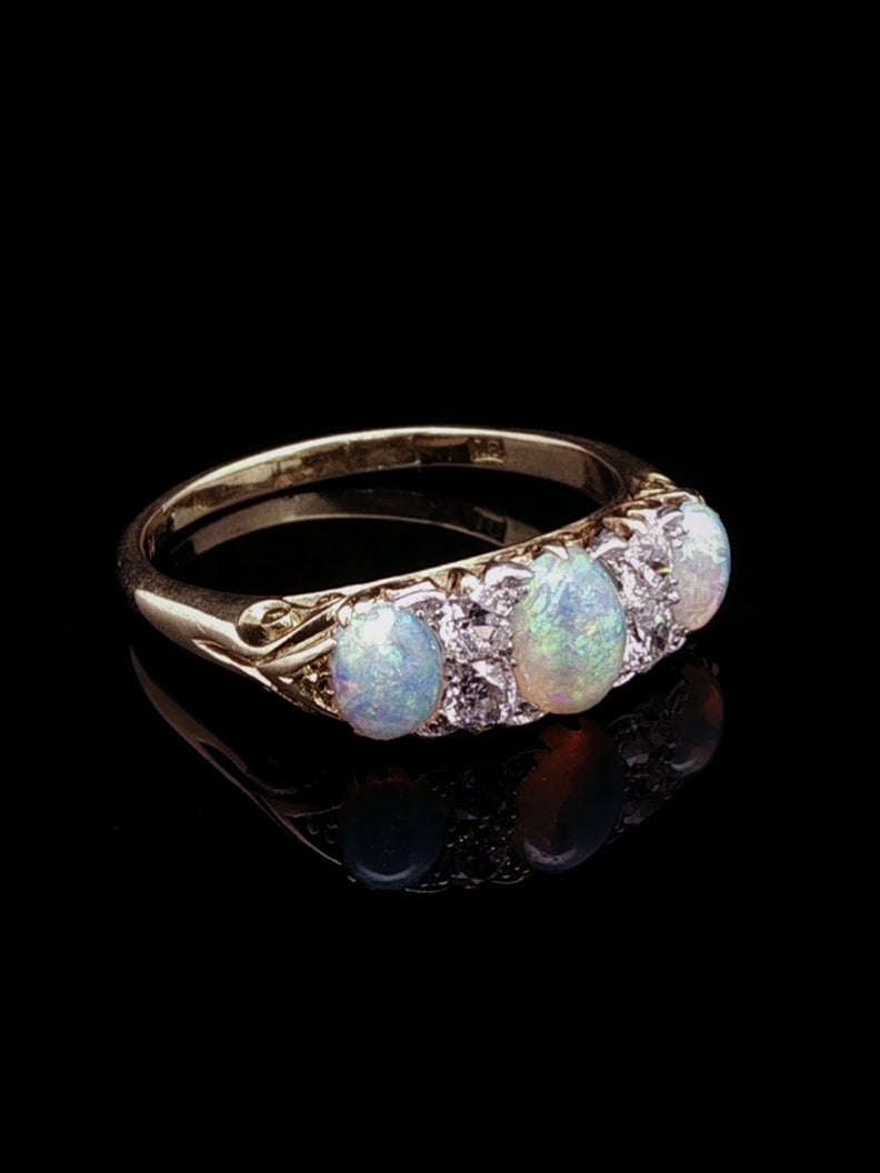 Antique Victorian 18ct Gold Opal and 0.40ct Diamond Carved Gallery Ring, Circa 1870