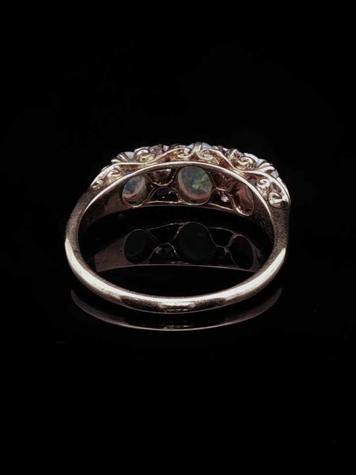 Antique Victorian 18ct Gold Opal and 0.40ct Diamond Carved Gallery Ring, Circa 1870
