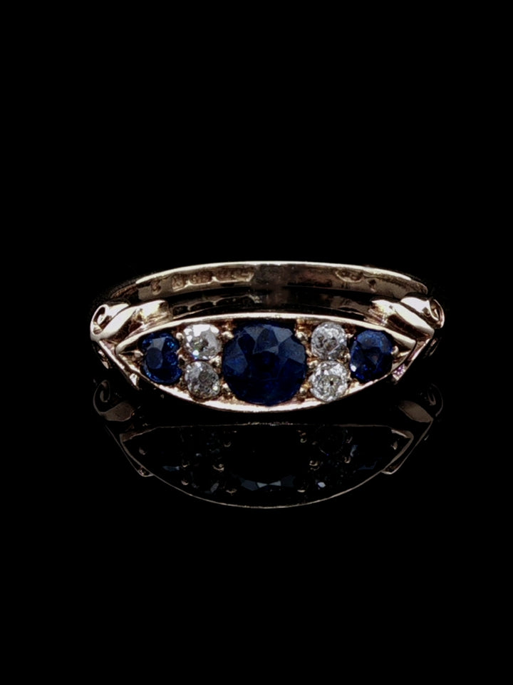 Antique Victorian 18ct Gold Sapphire and Old Cut Diamond Seven Stone Ring