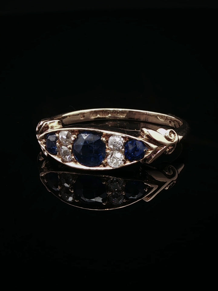 Antique Victorian 18ct Gold Sapphire and Old Cut Diamond Seven Stone Ring