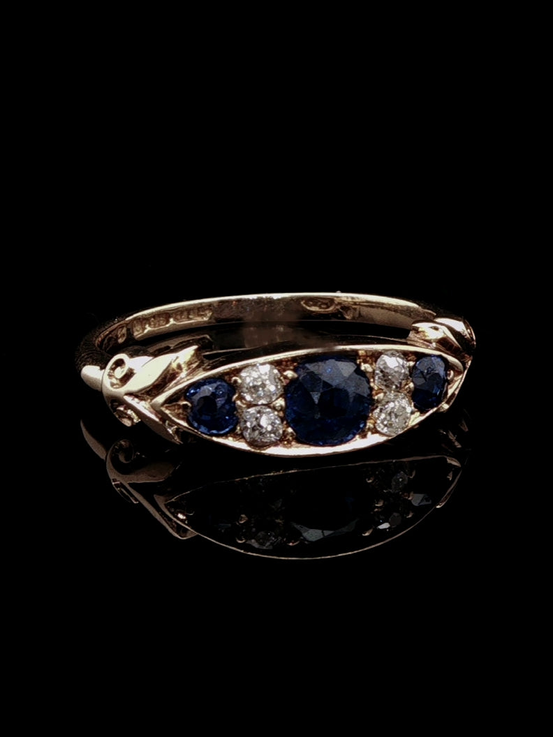 Antique Victorian 18ct Gold Sapphire and Old Cut Diamond Seven Stone Ring