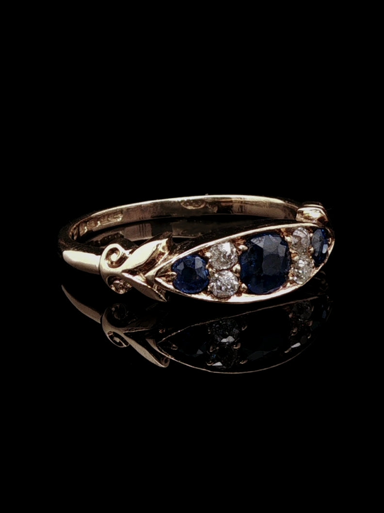 Antique Victorian 18ct Gold Sapphire and Old Cut Diamond Seven Stone Ring