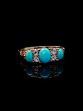 Antique 18ct Yellow Gold Seven Stone Turquoise and Rose Cut Diamond Ring with Carved Gallery