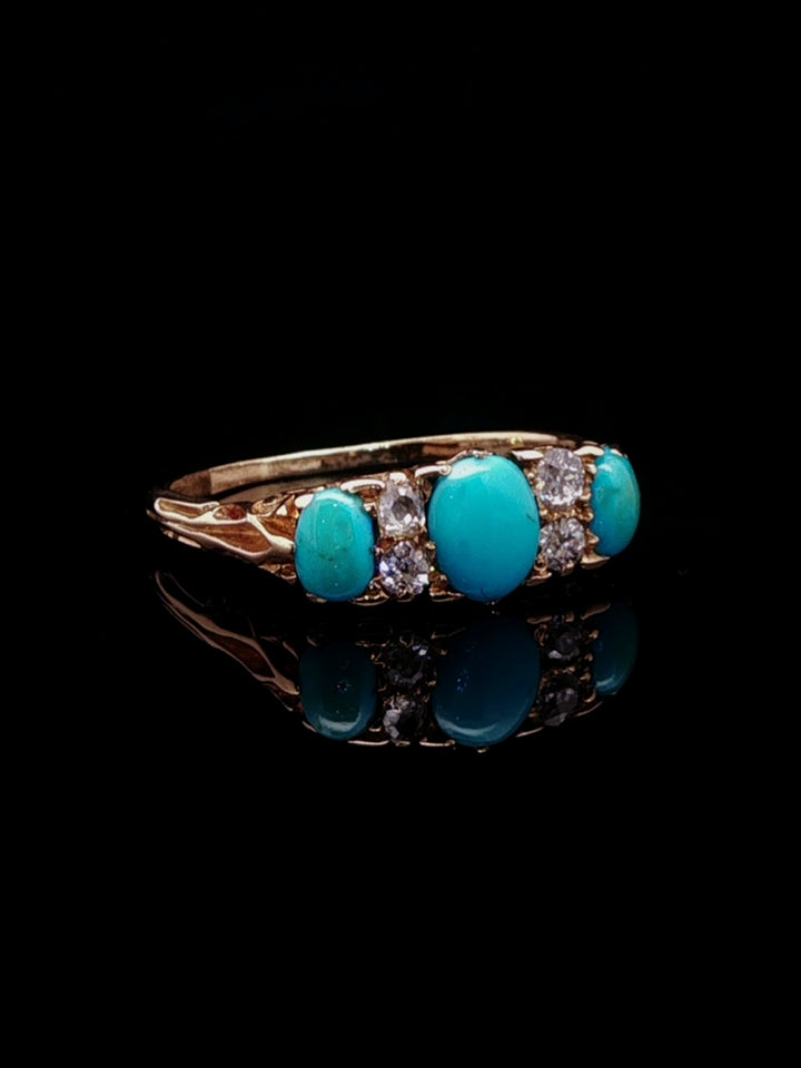 Antique 18ct Yellow Gold Seven Stone Turquoise and Rose Cut Diamond Ring with Carved Gallery