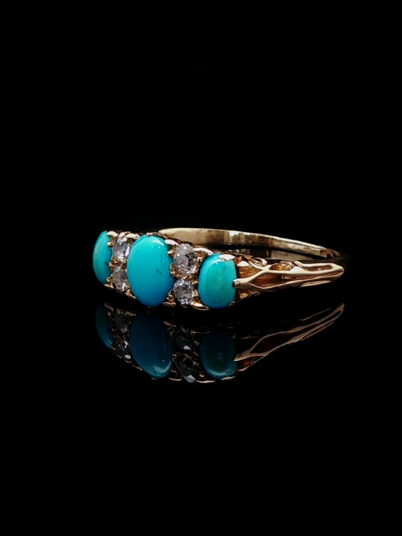Antique 18ct Yellow Gold Seven Stone Turquoise and Rose Cut Diamond Ring with Carved Gallery