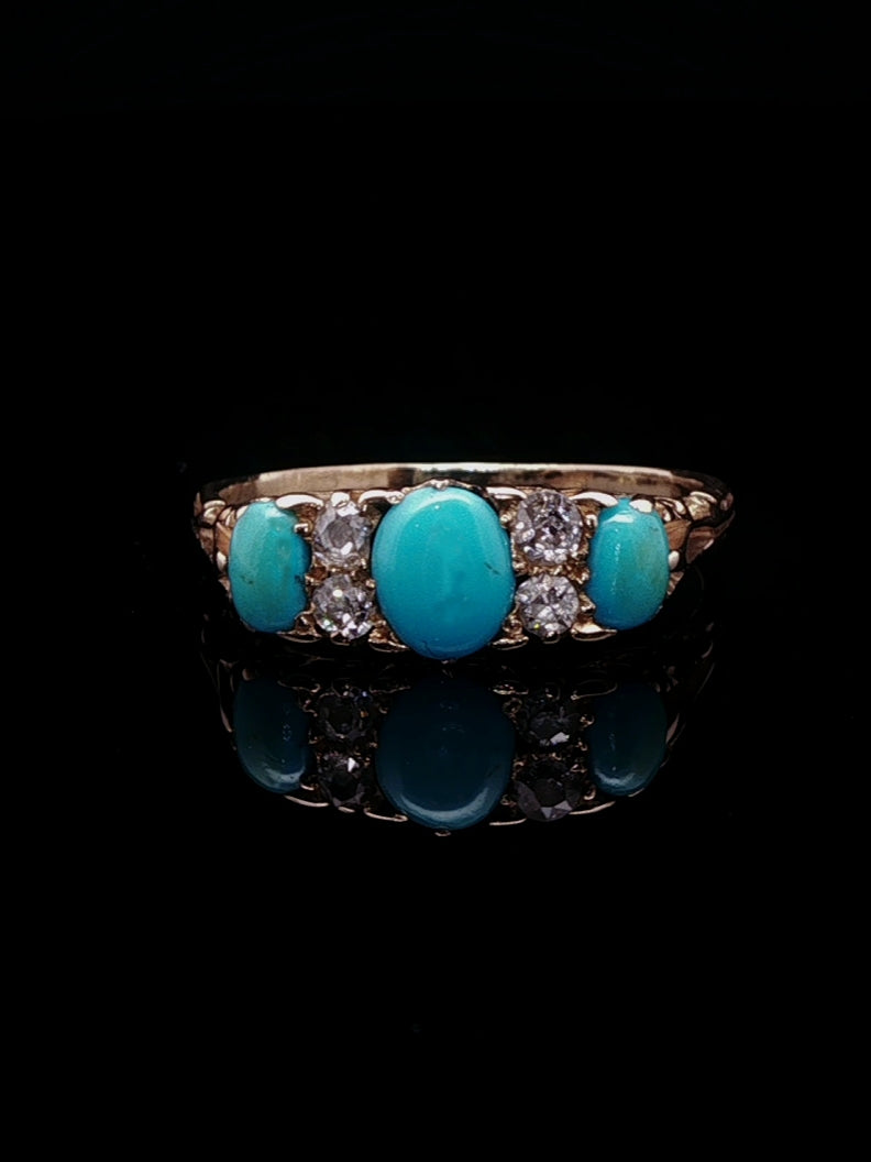 Antique 18ct Yellow Gold Seven Stone Turquoise and Rose Cut Diamond Ring with Carved Gallery