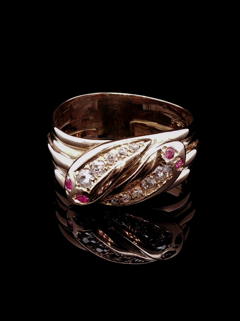 Antique Edwardian 18ct Gold Double Serpent Ruby and Old Cut Diamond Ring, Birmingham 1904