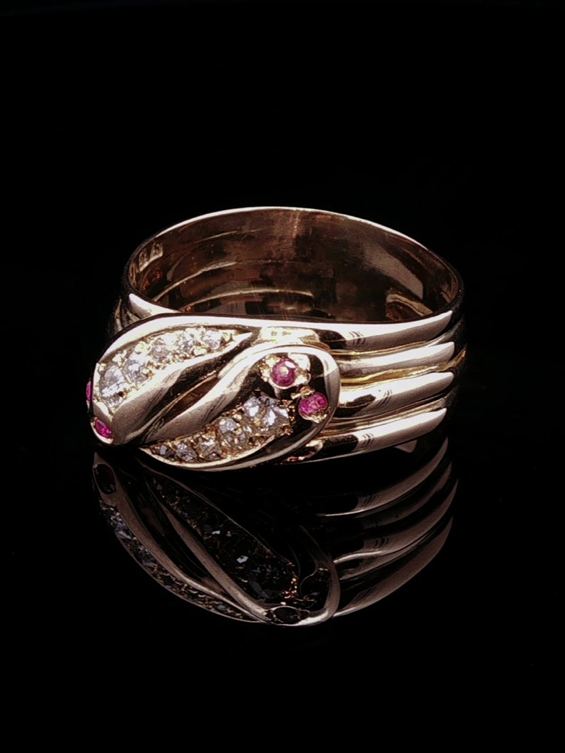 Antique Edwardian 18ct Gold Double Serpent Ruby and Old Cut Diamond Ring, Birmingham 1904